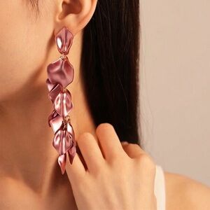 Pink Chrome Rose Petal Earrings, Pink Rose Earrings